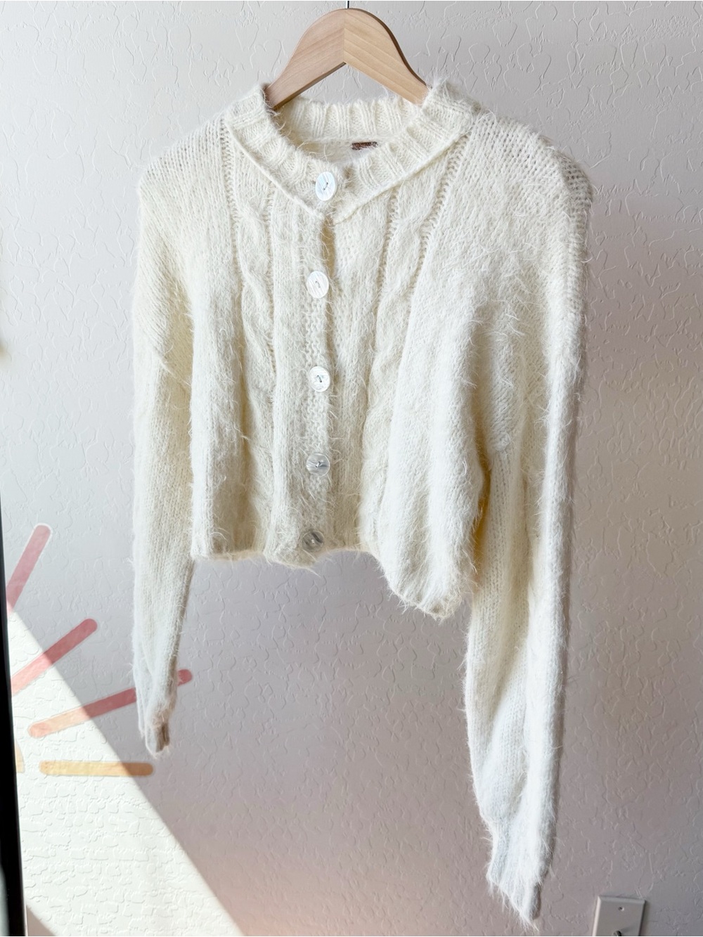 Free People Willow Cardi Tofu White Fuzzy Sweater Cropped Cozy Cable Knit - Picture 2 of 7